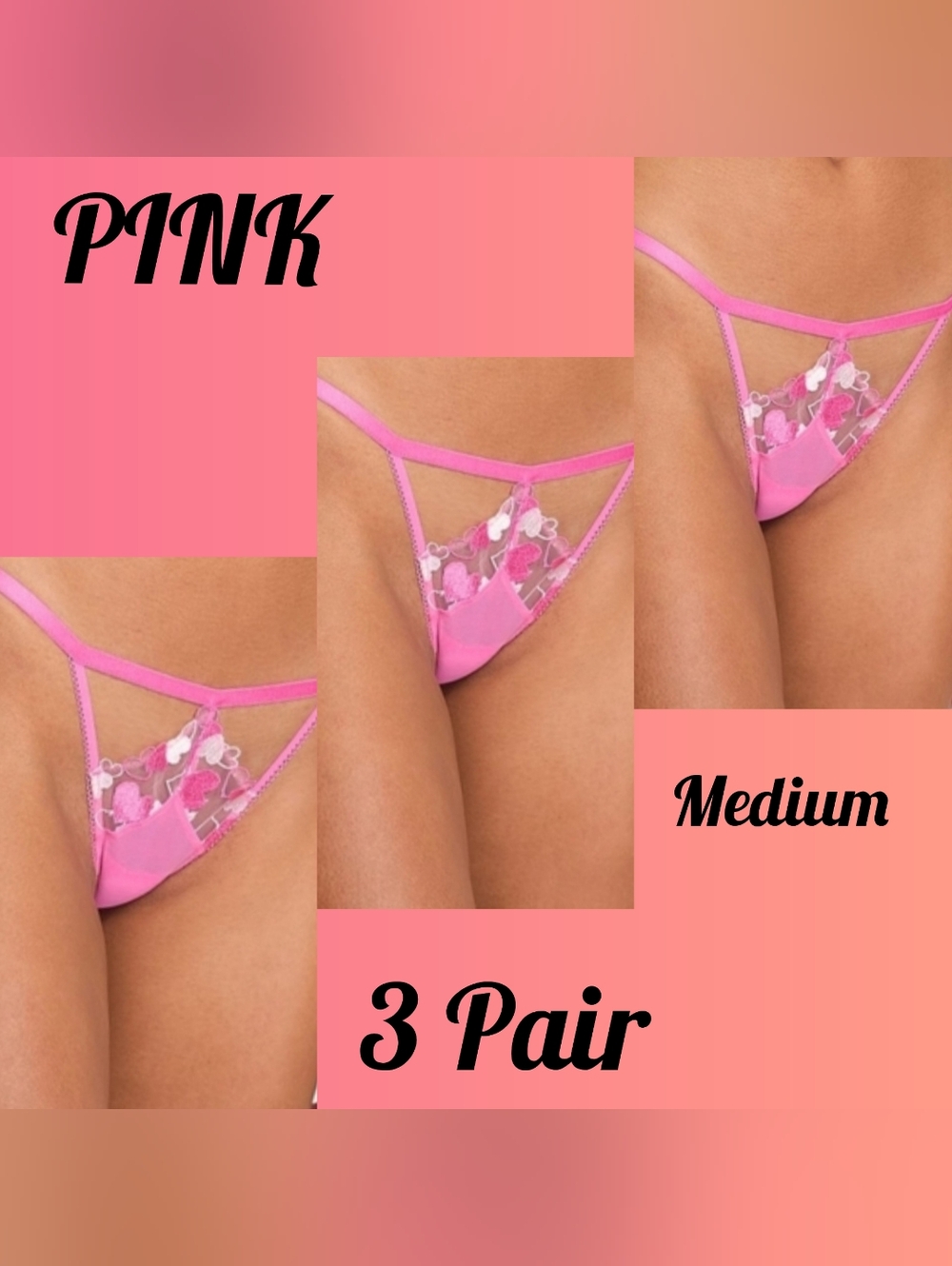 PINK Wink V String Panty Medium BNWT Tulip PinkSweetheart Embroidery in Pink 3PK